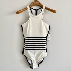 DKNY Swim White & Black Racer Front One Piece Size 12 NWT